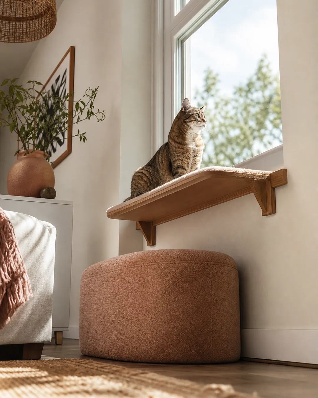 Window perch mounted low with an ottoman positioned below it as a step