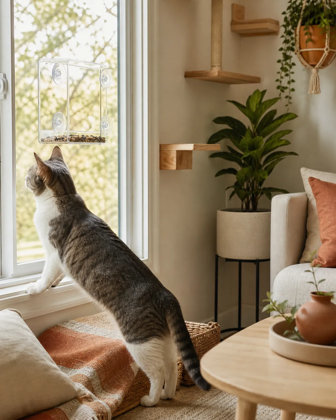 Clear bird feeder suction-mounted on the outside of a window pane