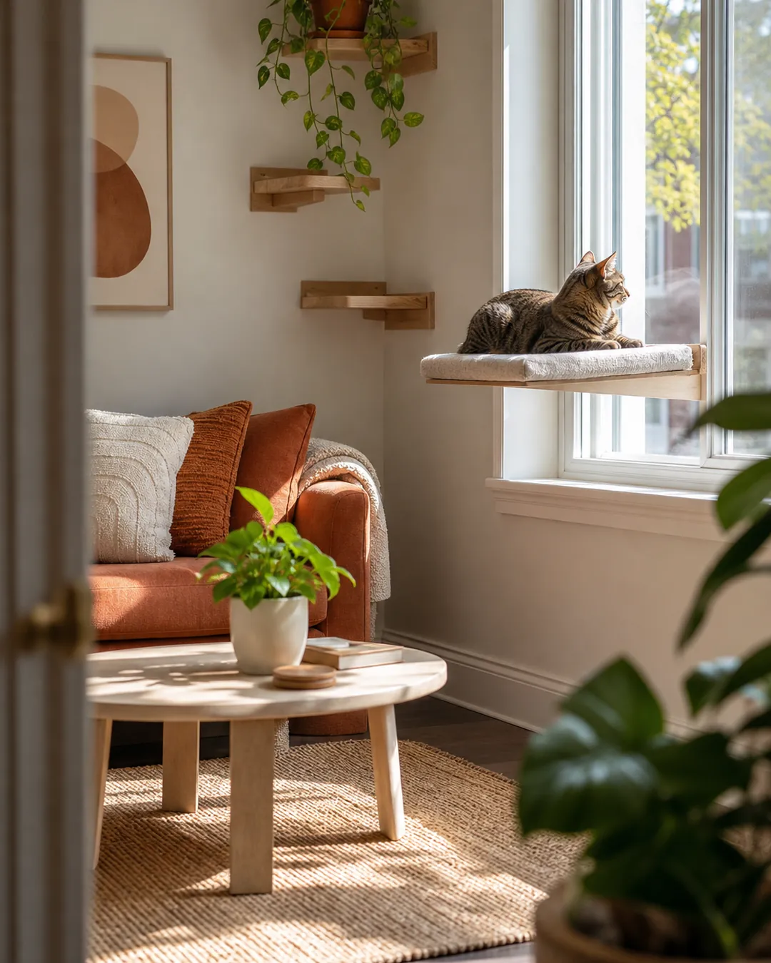 Light-colored fabric perch on a sunlit window casting strong shadows