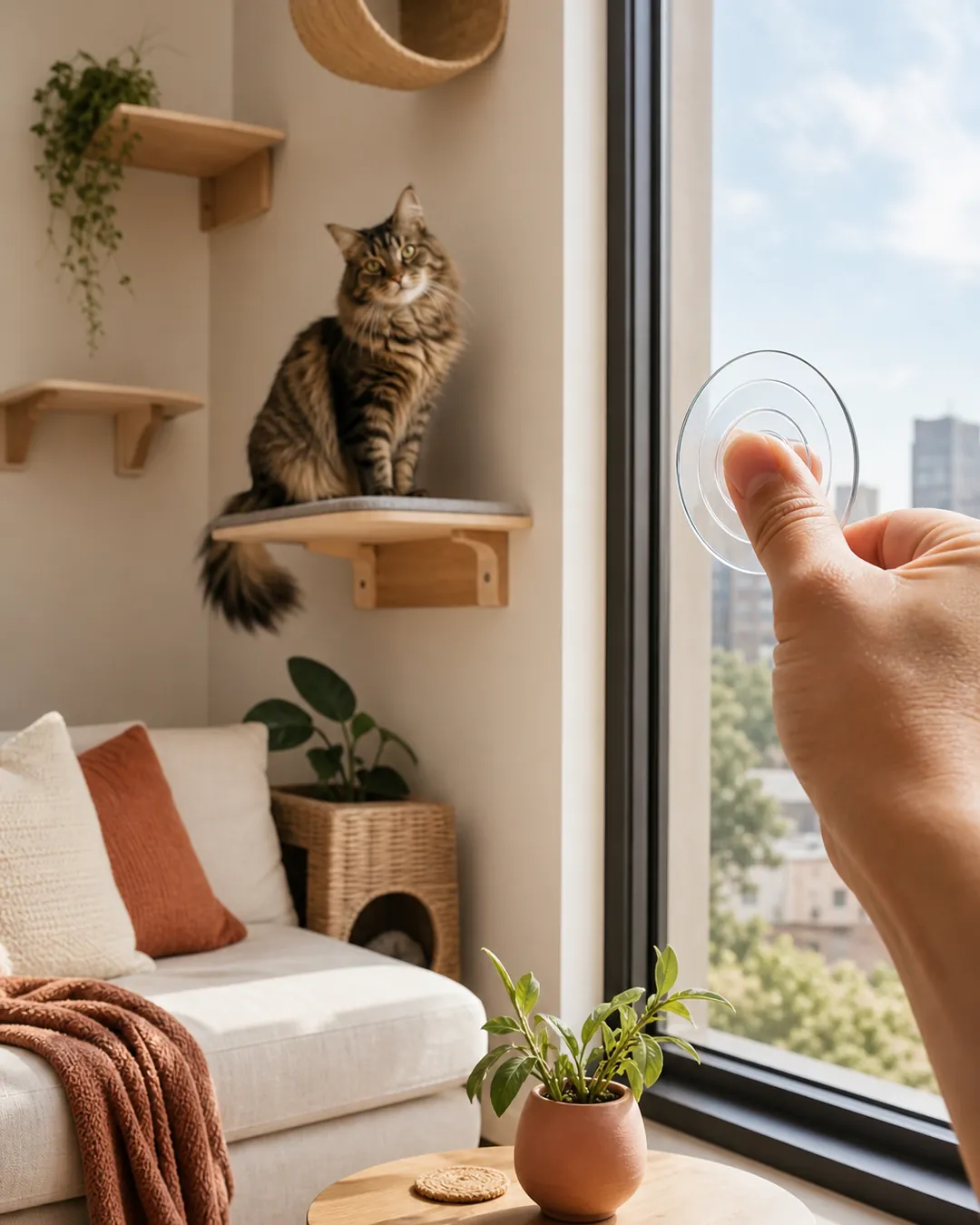 Thumb pressing a suction cup firmly against a clean window pane