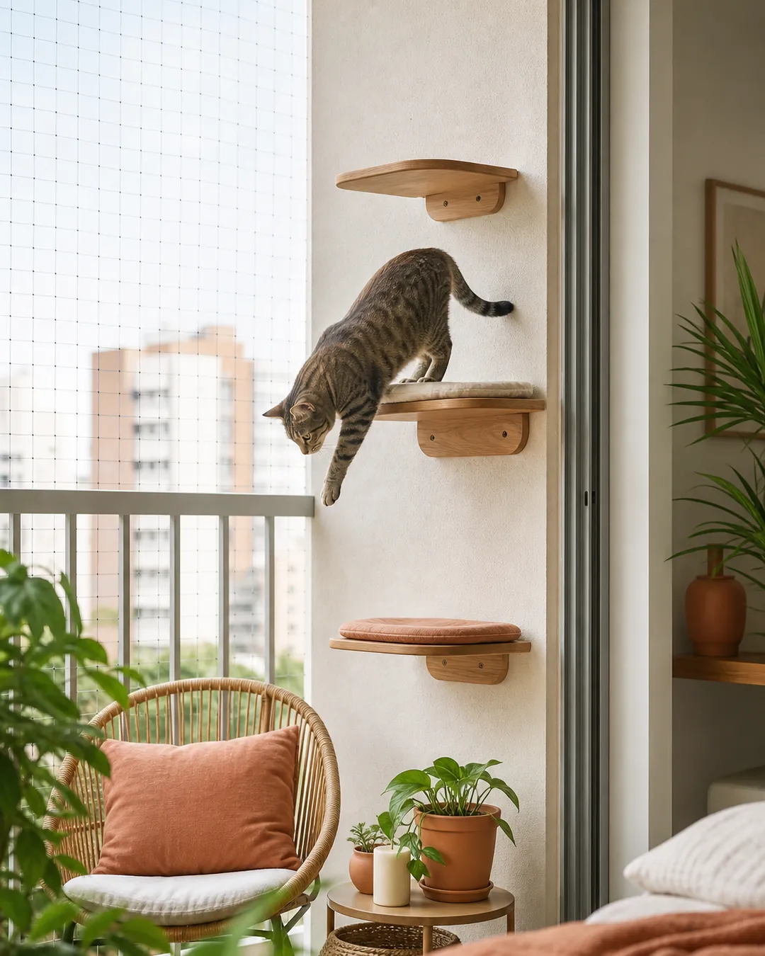 Cat shelf on the wall side of a balcony with clearance to the netting