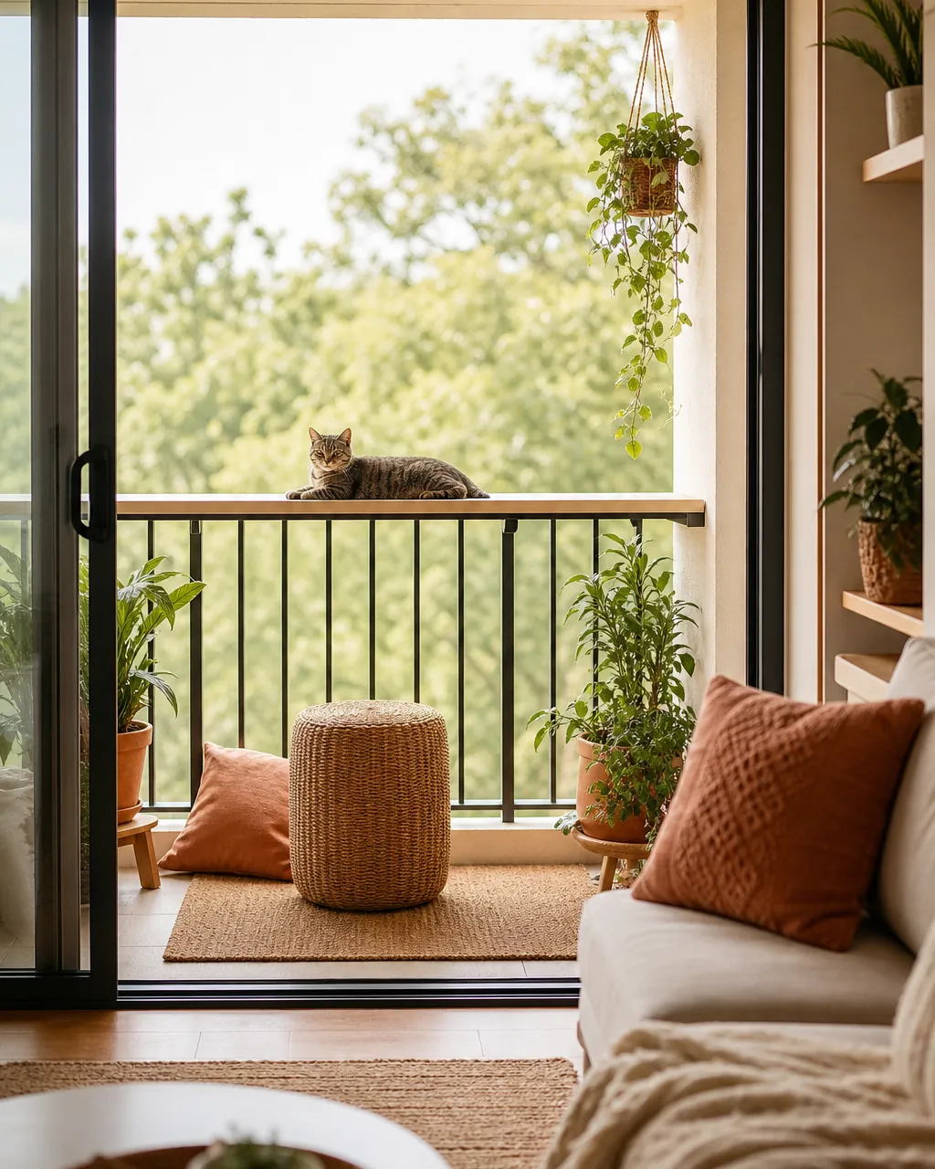 Shelf mounted above a balcony rail giving a cat a second level to sit on