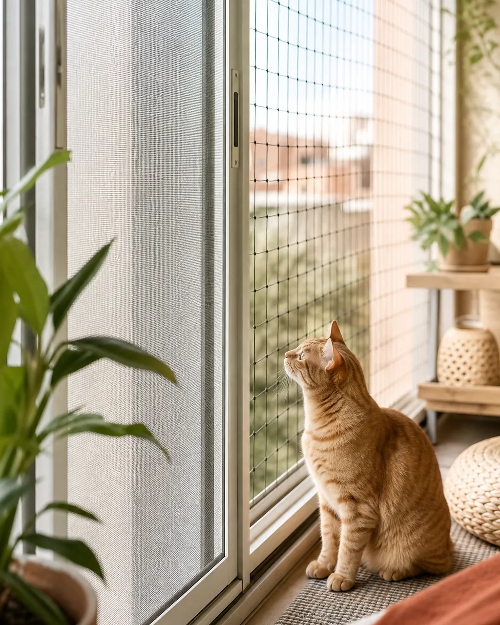 Fine insect mesh fitted across a balcony doorway beside wider cat netting