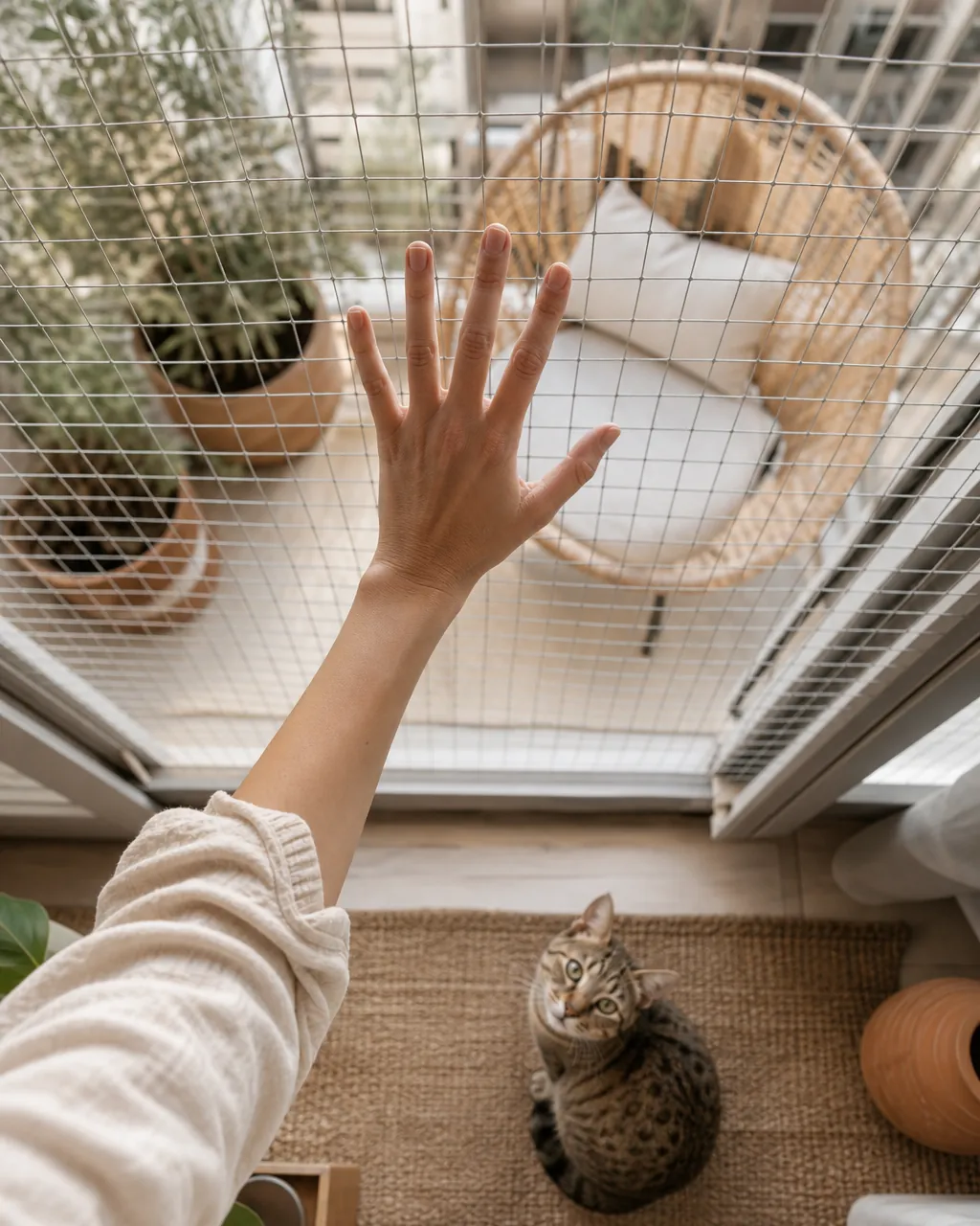 Hand pressing against balcony netting to test how tight it still is