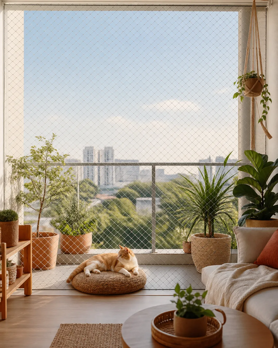 Steel-reinforced netting stretched taut across a full balcony opening