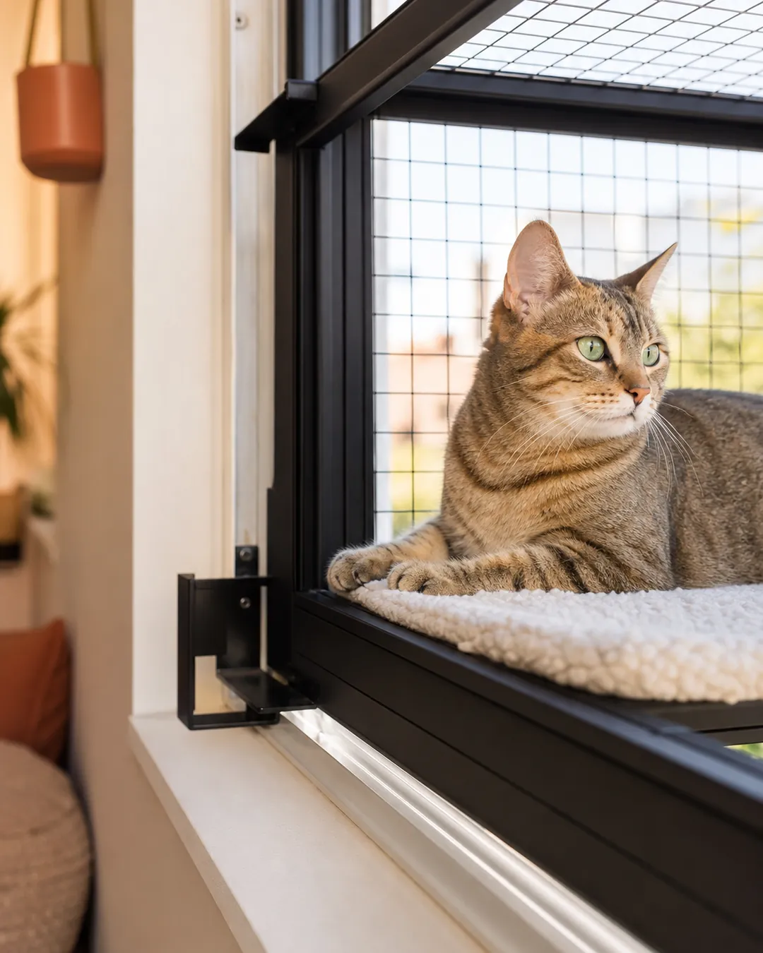 Mesh cat window box fitted into an open window with a cat sitting inside