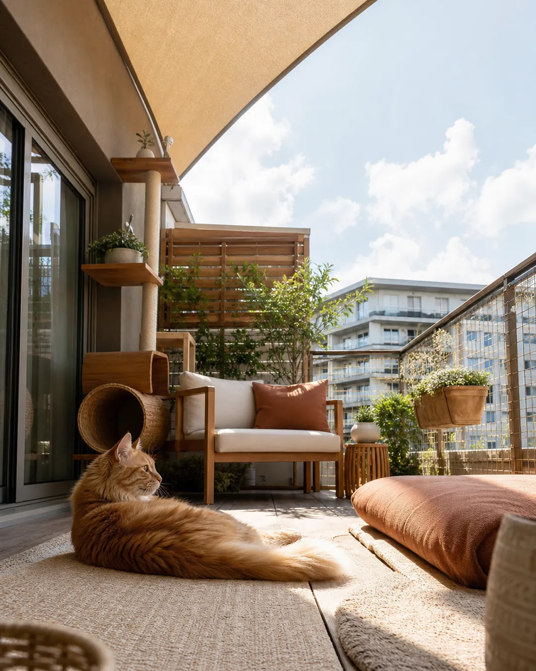 Shade sail covering one half of a balcony with sun on the other half
