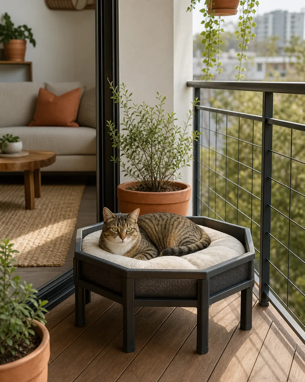 Raised hexagonal cat bed standing on legs above the boards of a balcony deck