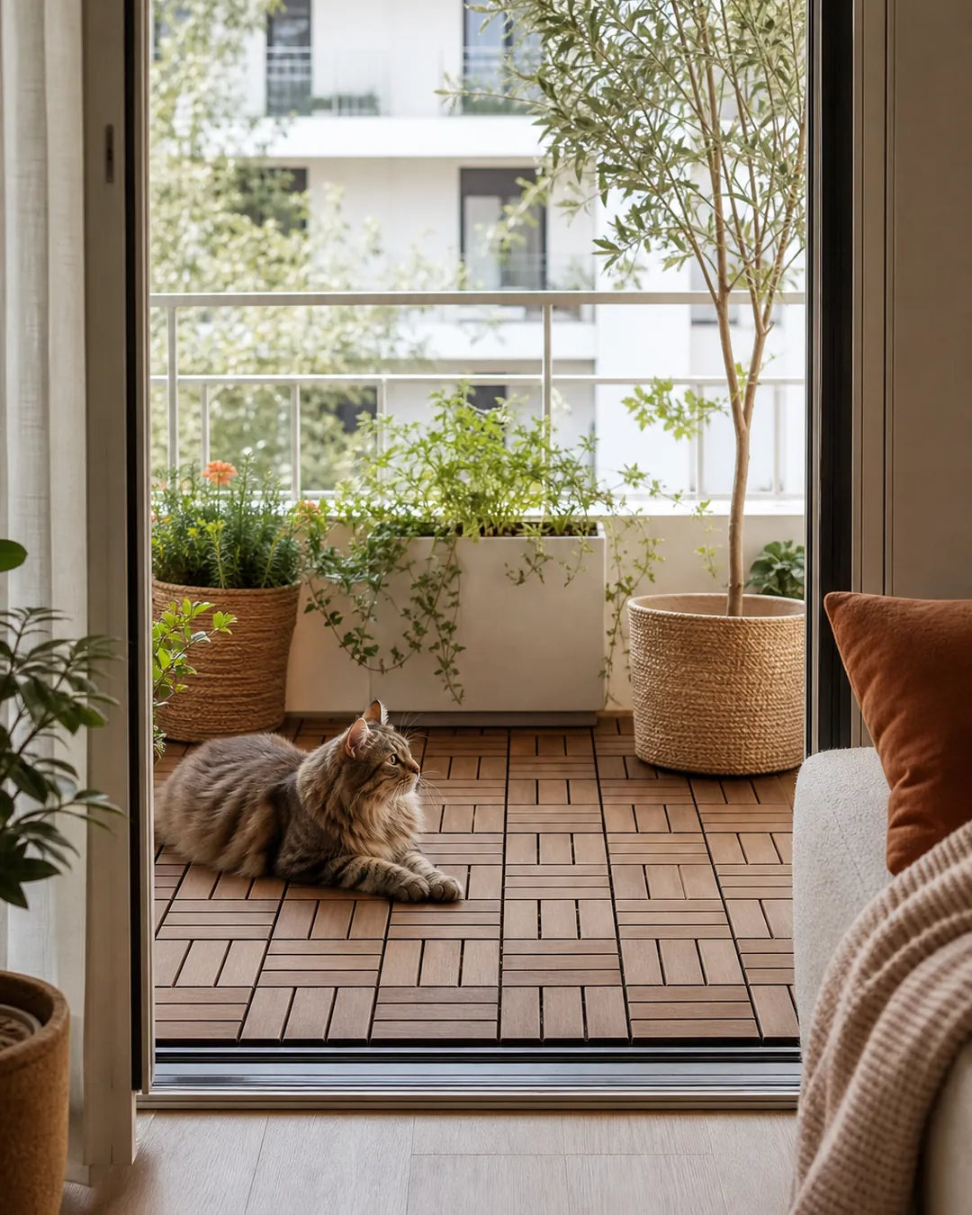Interlocking wood deck tiles laid over a bare concrete balcony floor