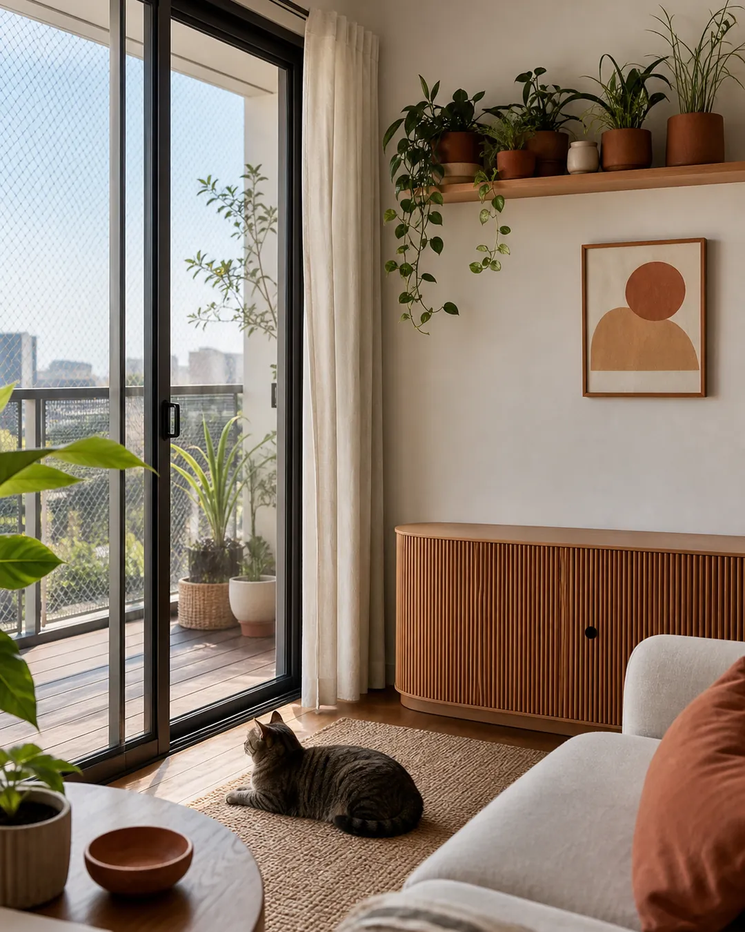 Potted plants gathered on a high balcony shelf out of a cat's reach