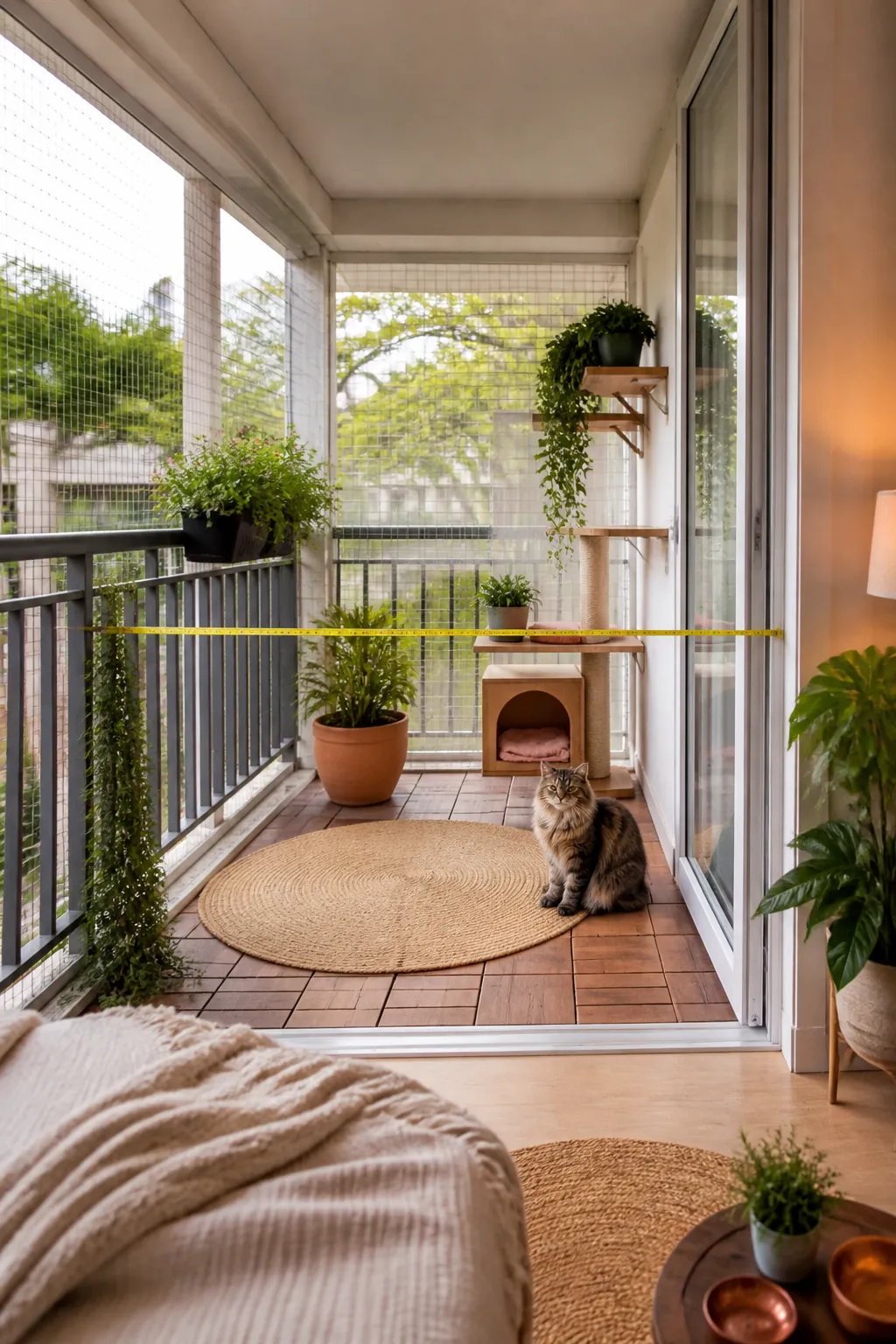 Tape measure stretched from the balcony railing to the sliding door, reading the full depth