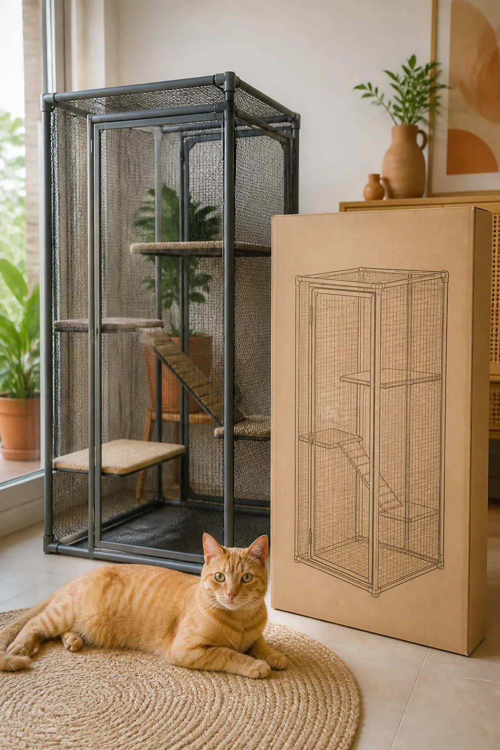 Freestanding mesh catio enclosure box next to its printed dimension label on the packaging