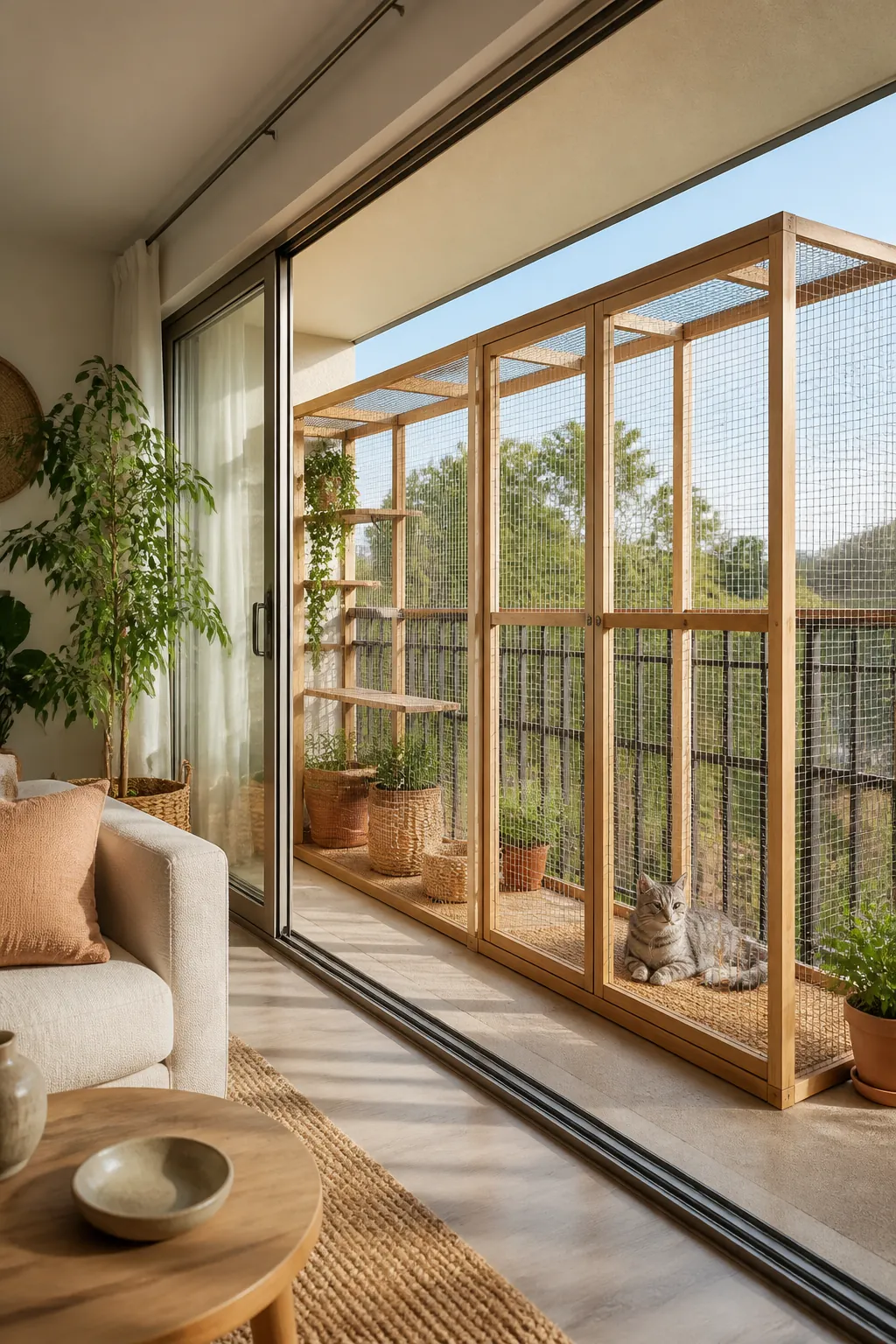 Catio enclosure positioned lengthwise against the balcony railing, clear of the sliding door path
