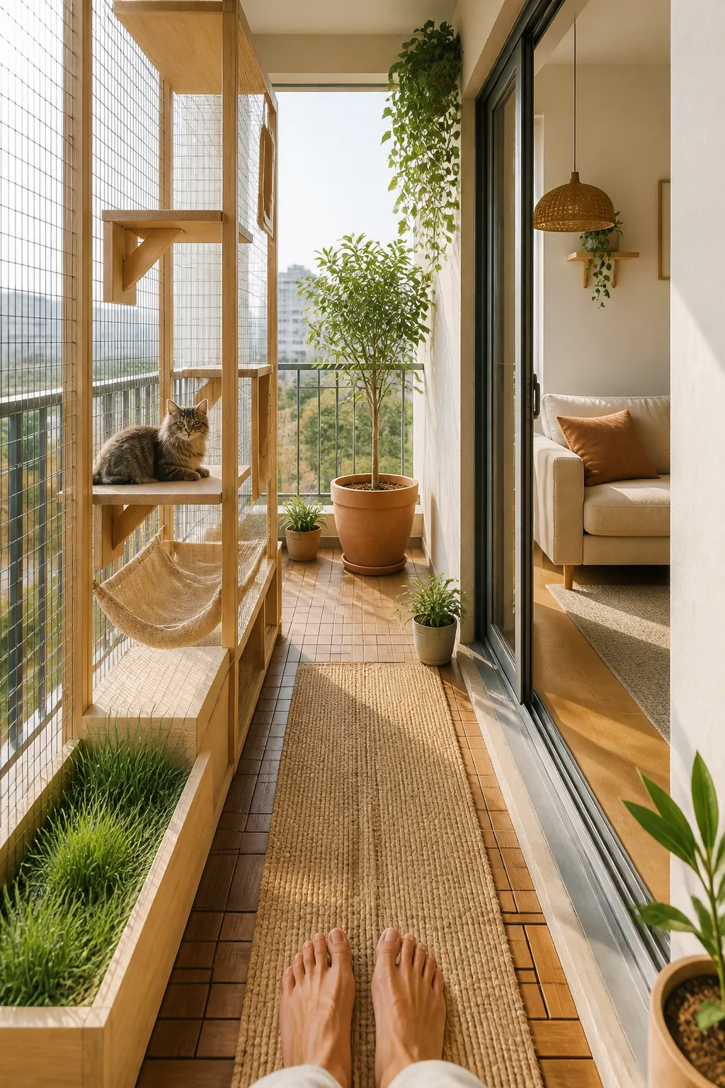 Person's feet standing in a clear walking path beside a catio enclosure on a narrow balcony
