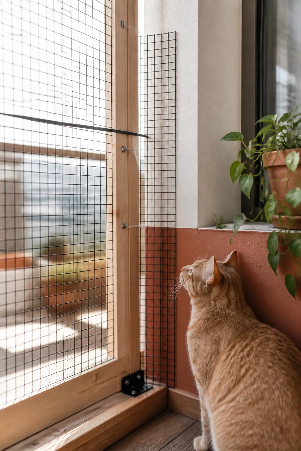 Cut panel of plastic mesh fencing filling the gap where a catio enclosure's end meets the wall