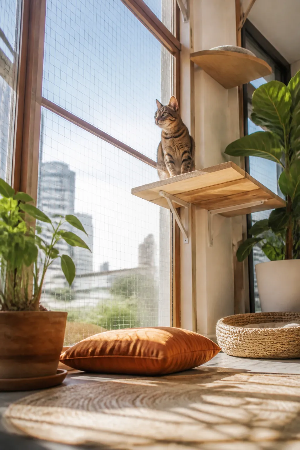 Cat sitting on a raised shelf mounted inside a catio enclosure above floor level