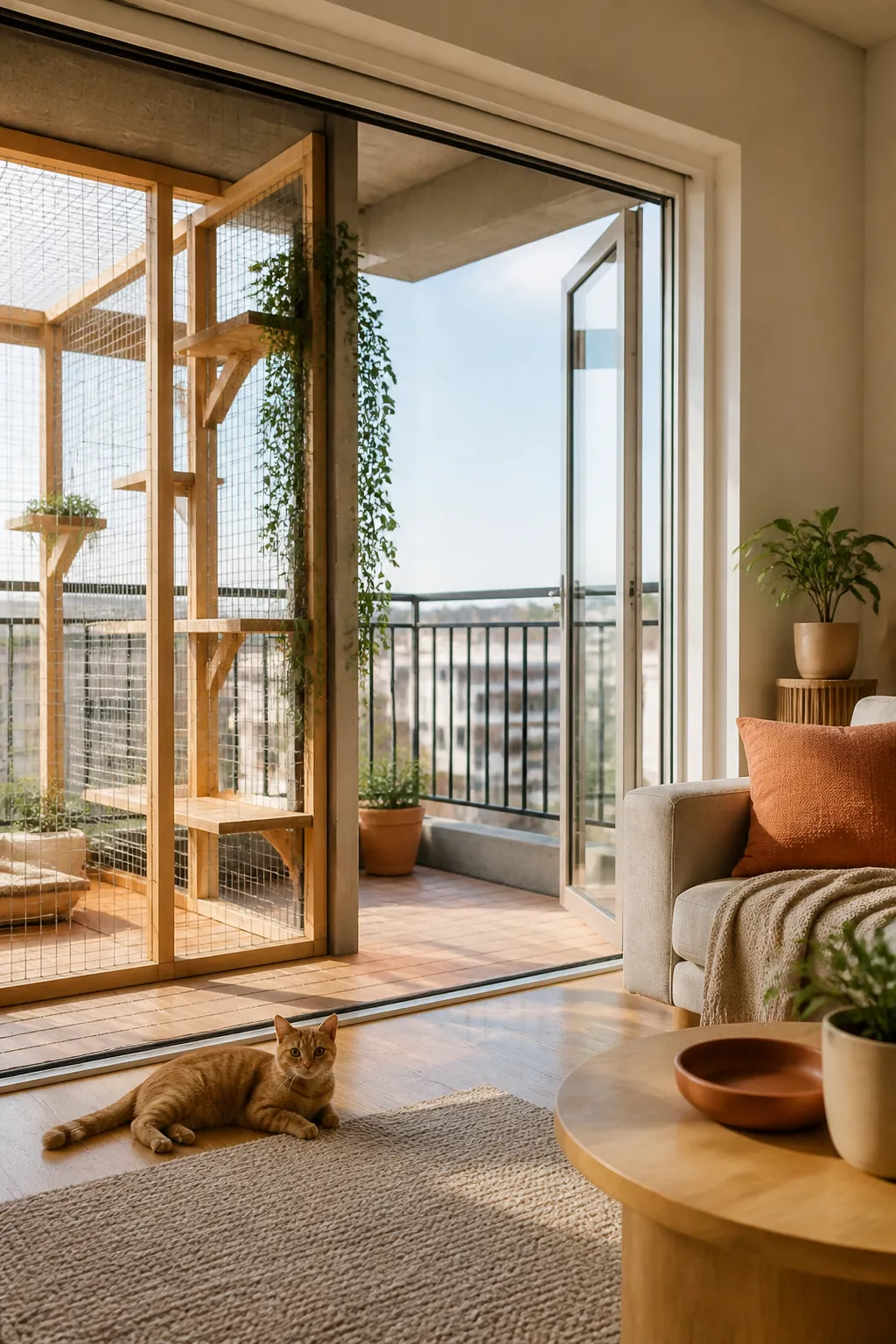 Sliding balcony door opened to its full extent, measured against the edge of a catio enclosure