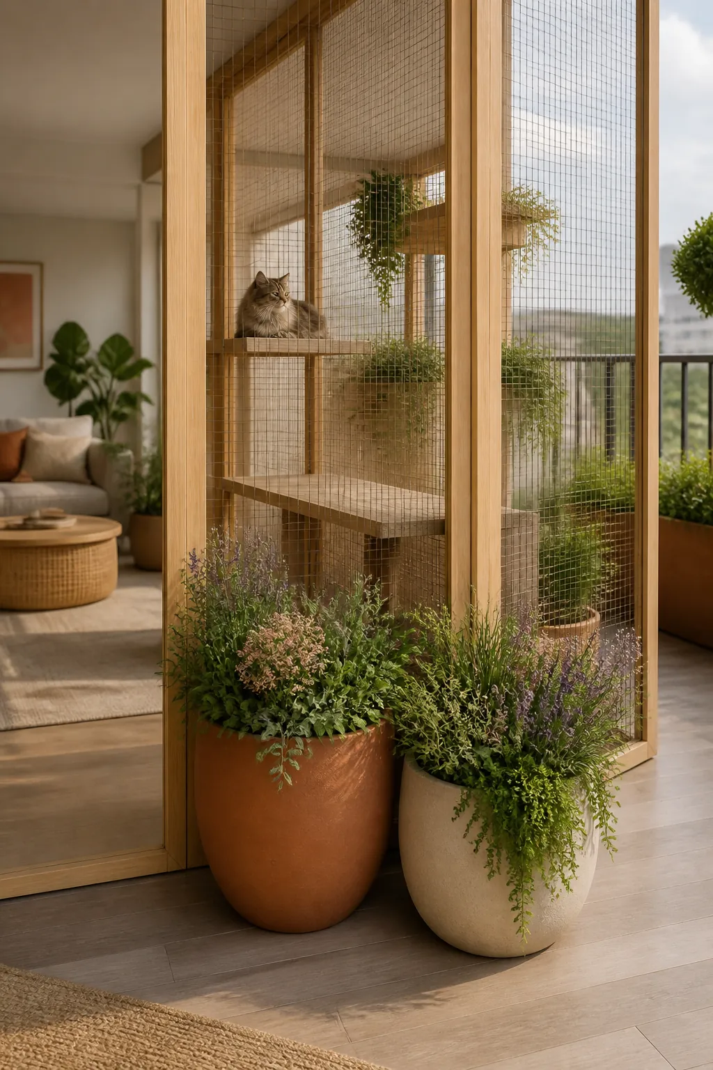 Two filled planters set against the base corners of a freestanding catio enclosure