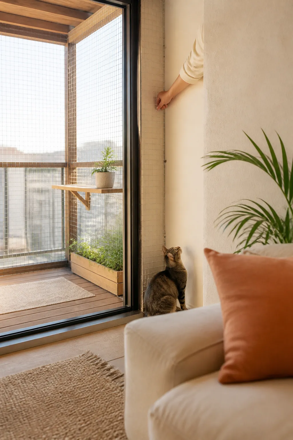 Hand checking a mesh seam at the end of a catio enclosure where it meets the wall