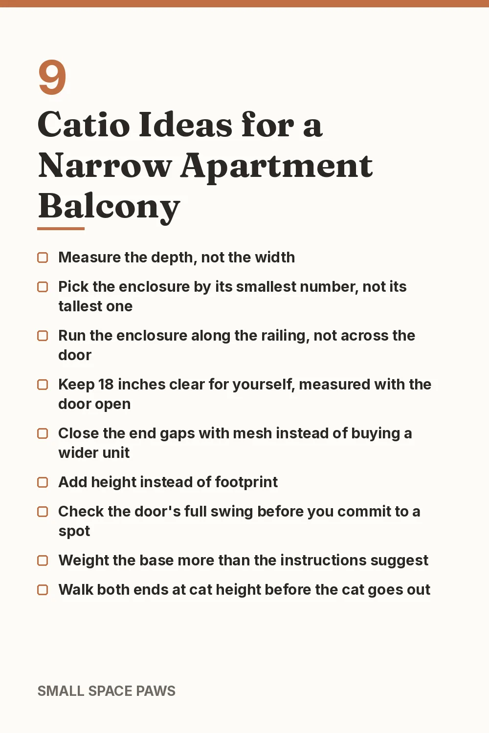 Checklist of every idea in 9 Catio Ideas for a Narrow Apartment Balcony