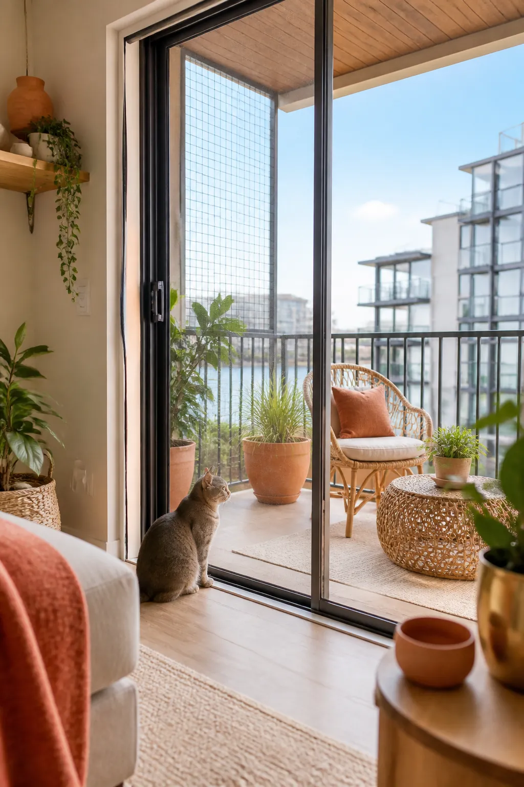 Mesh screen fitted in a sliding glass door track with a cat sitting just inside looking out