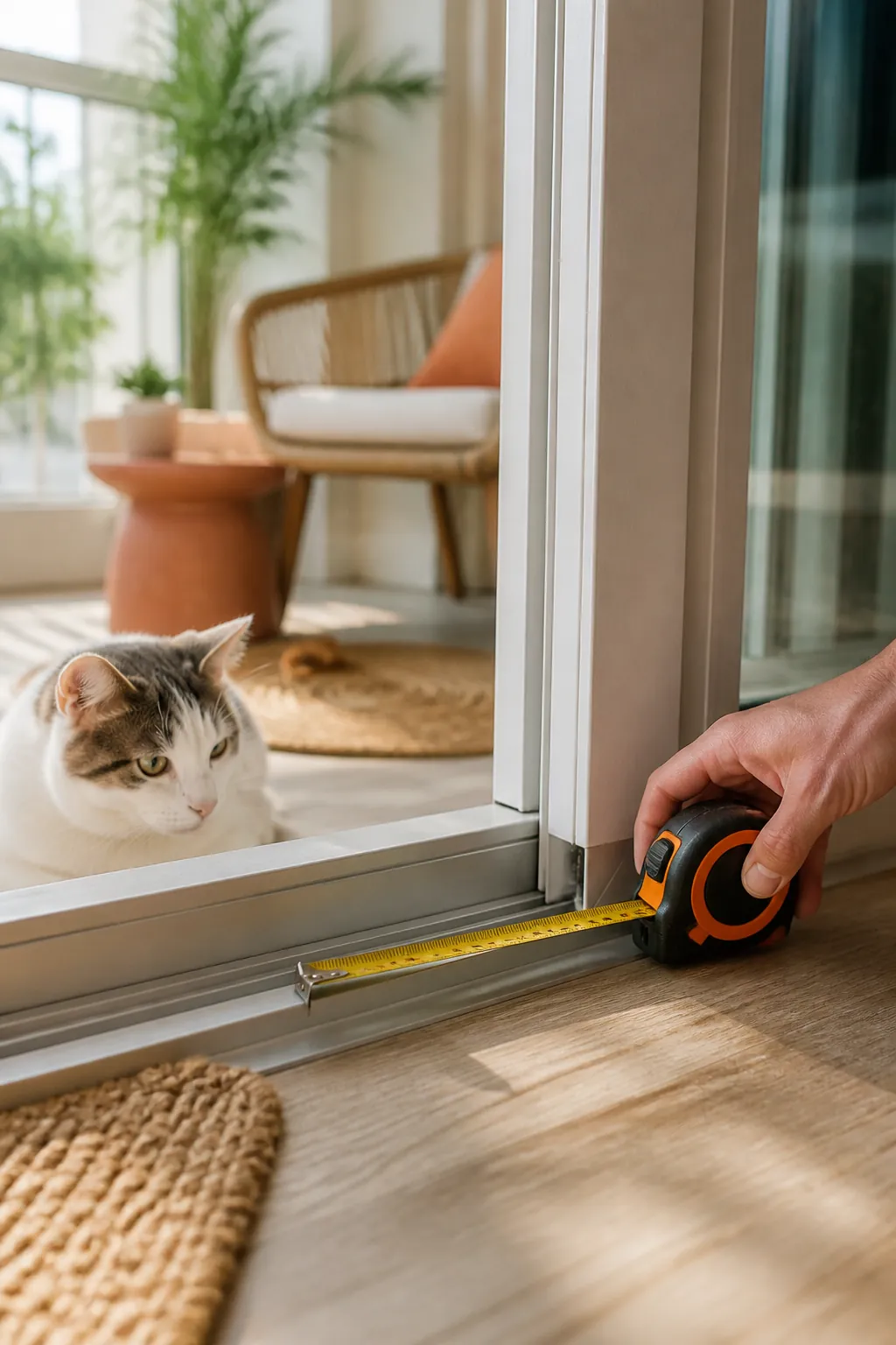 Tape measure held against the empty screen track channel of an open sliding glass door