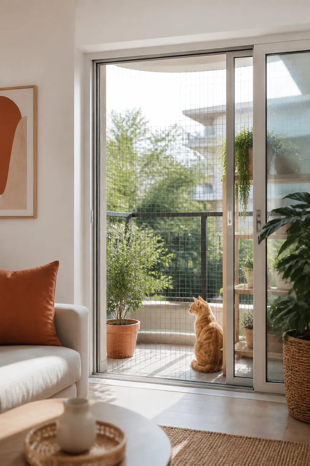 Netted frame slotted into a sliding door track beside the open glass door panel