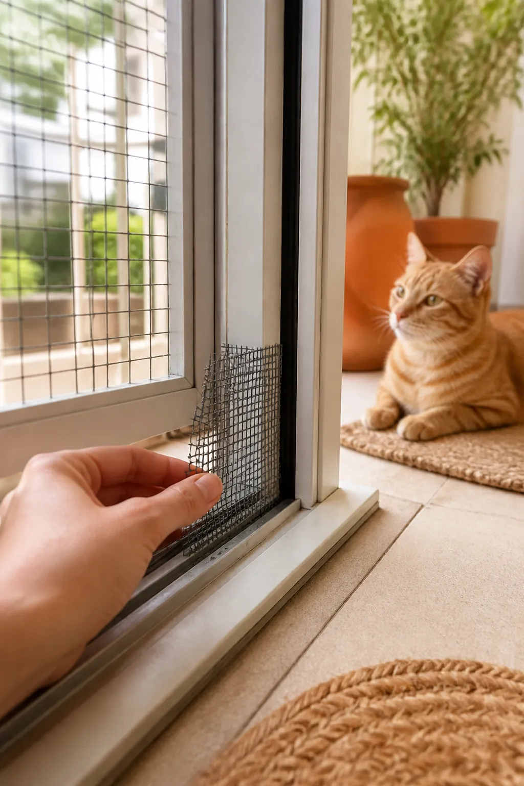 Hand fitting a cut patch of garden mesh into the corner of a screen frame