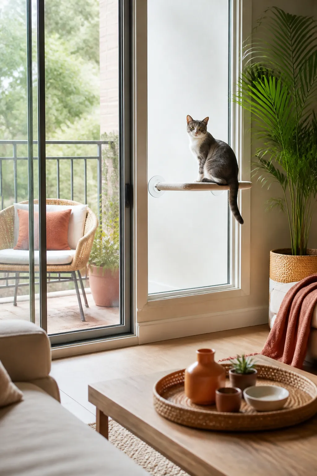 Cat sitting on a suction cup perch mounted on the glass beside a screened sliding door