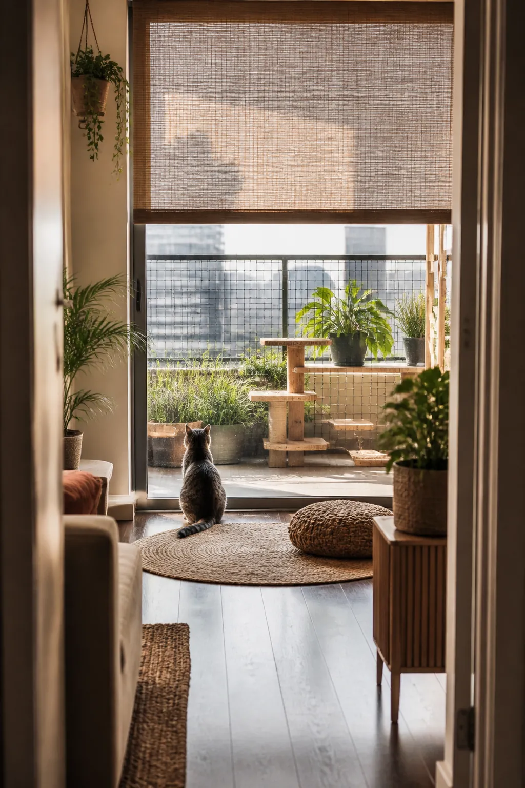Blind partially closed over a sliding glass door, shading the mesh screen fitted below