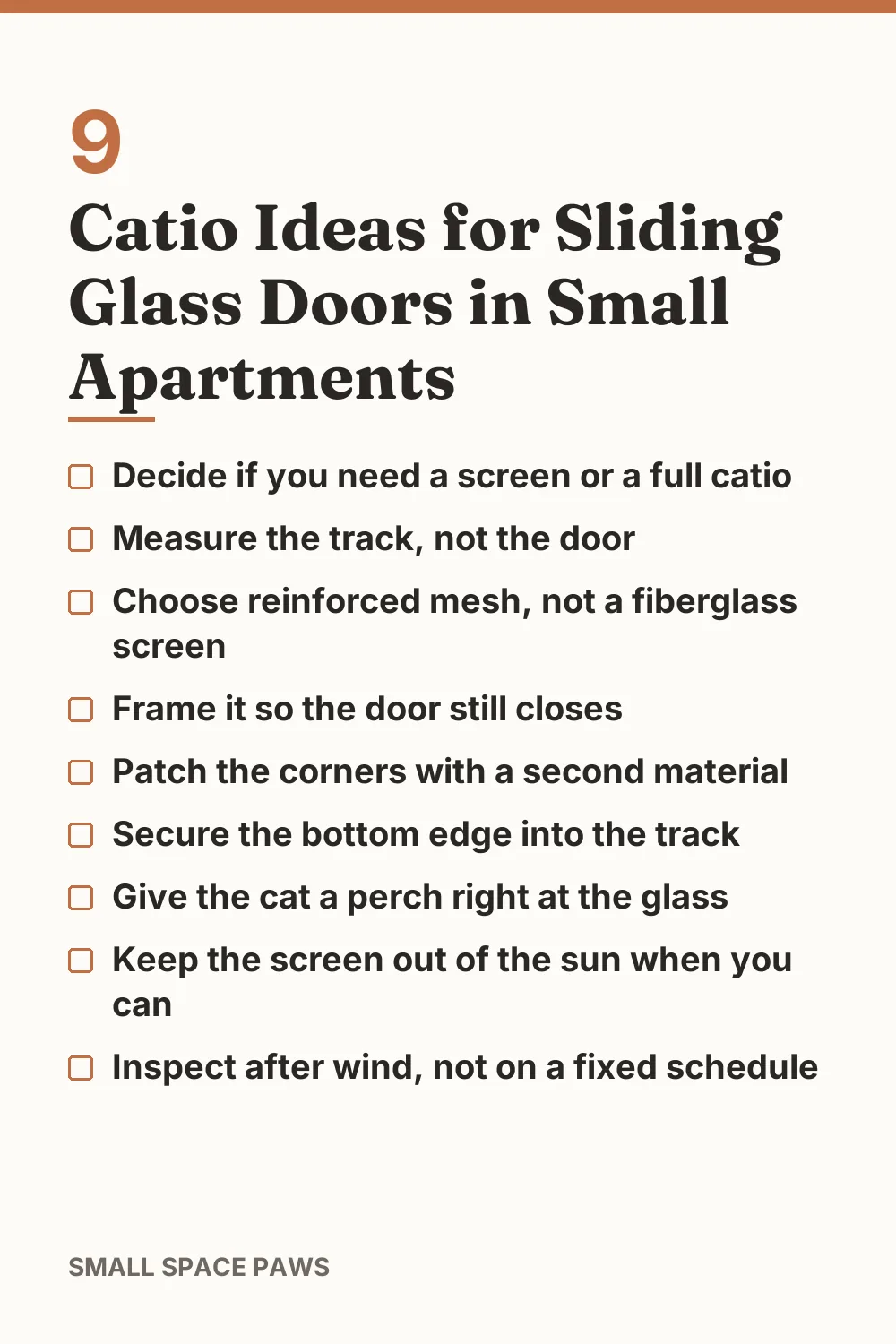 Checklist of every idea in 9 Catio Ideas for Sliding Glass Doors in Small Apartments