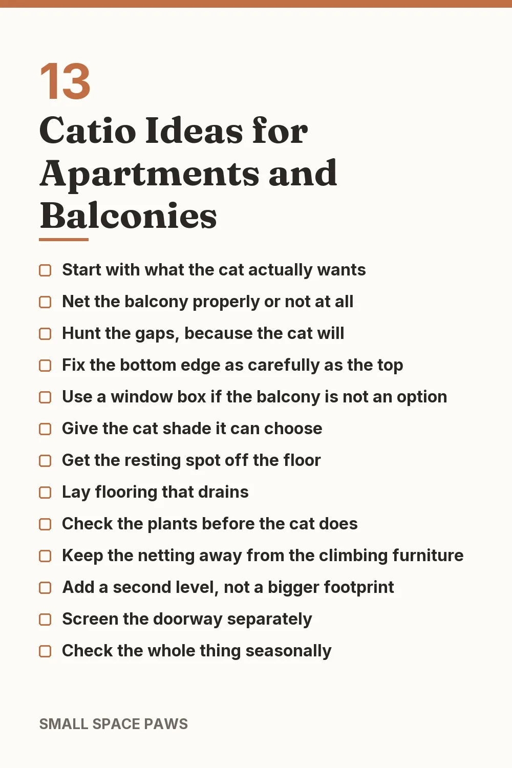 Checklist of every idea in 13 Catio Ideas for Apartments and Balconies