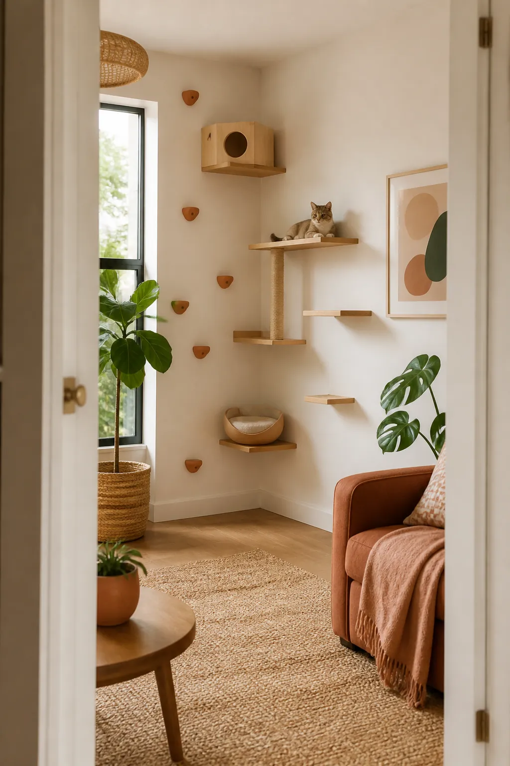 Speed square held flat against the inside corner where two apartment walls meet near the floor.
