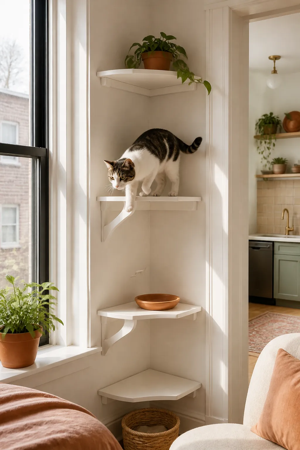 Pale corner cat shelf finished to match the white trim, blending into the corner of the room.