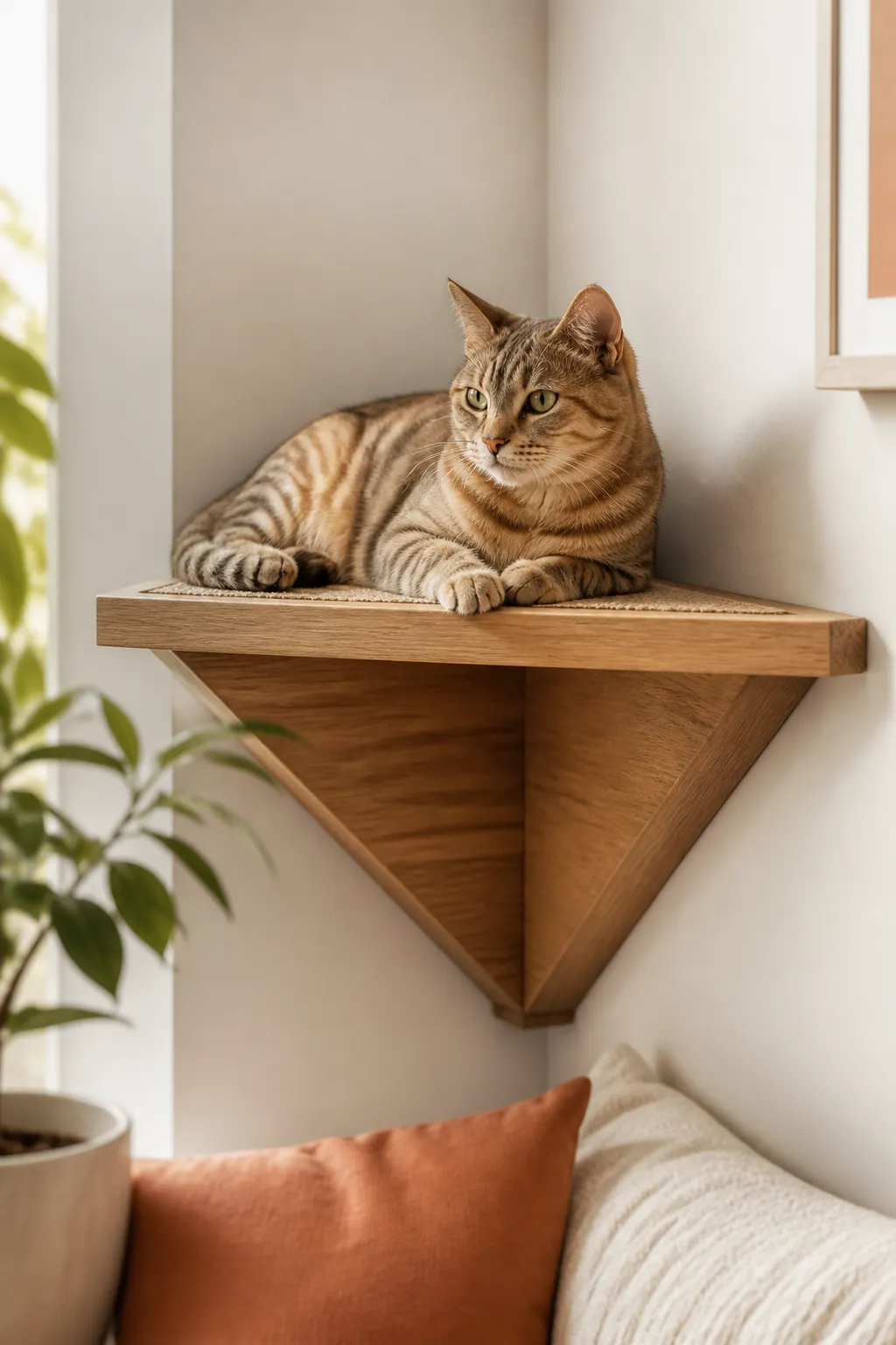 Triangular wooden corner shelf mounted in the angle where two walls meet, bracketed into both sides.