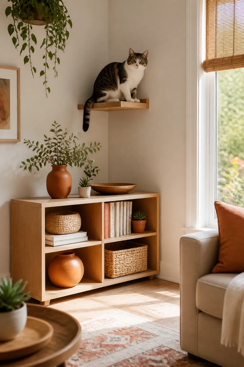 Low bookcase beside an apartment corner with a cat shelf mounted just above it as the first step.