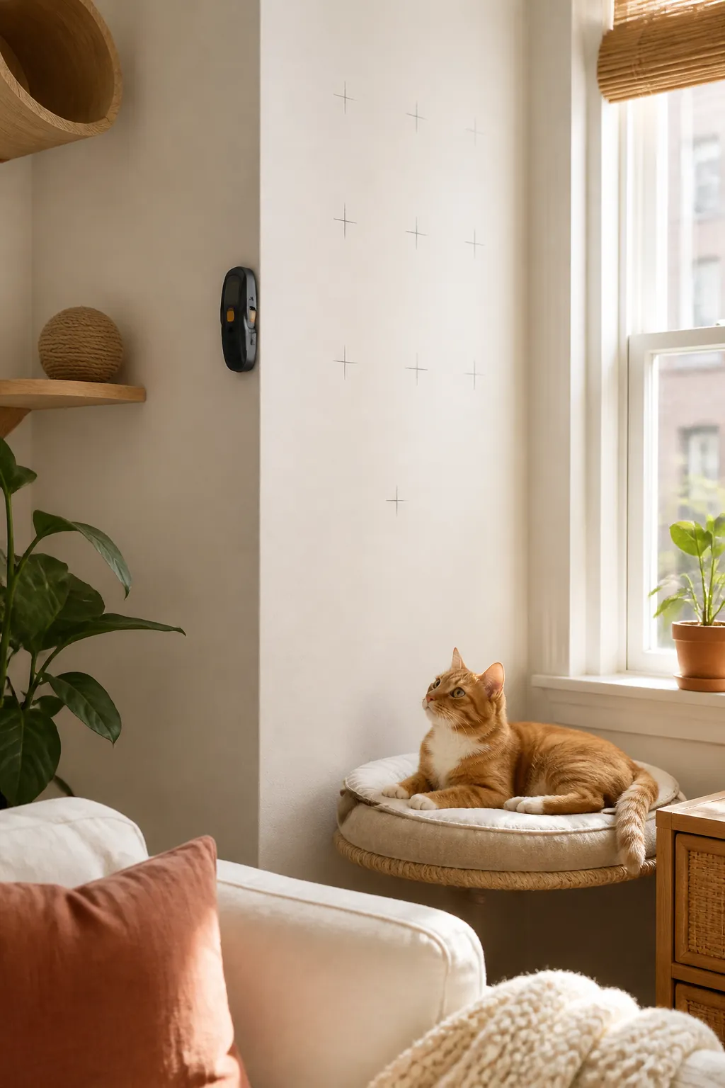 Stud finder held against one wall of an apartment corner with pencil marks already on the other wall.