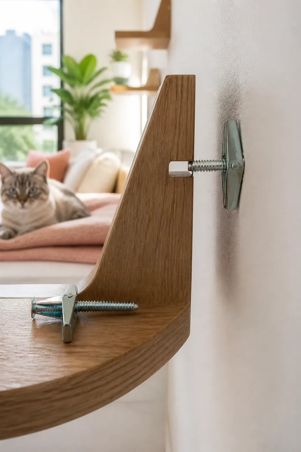 Heavy-duty toggle bolt lying beside a corner shelf bracket on the drywall side away from stud marks.