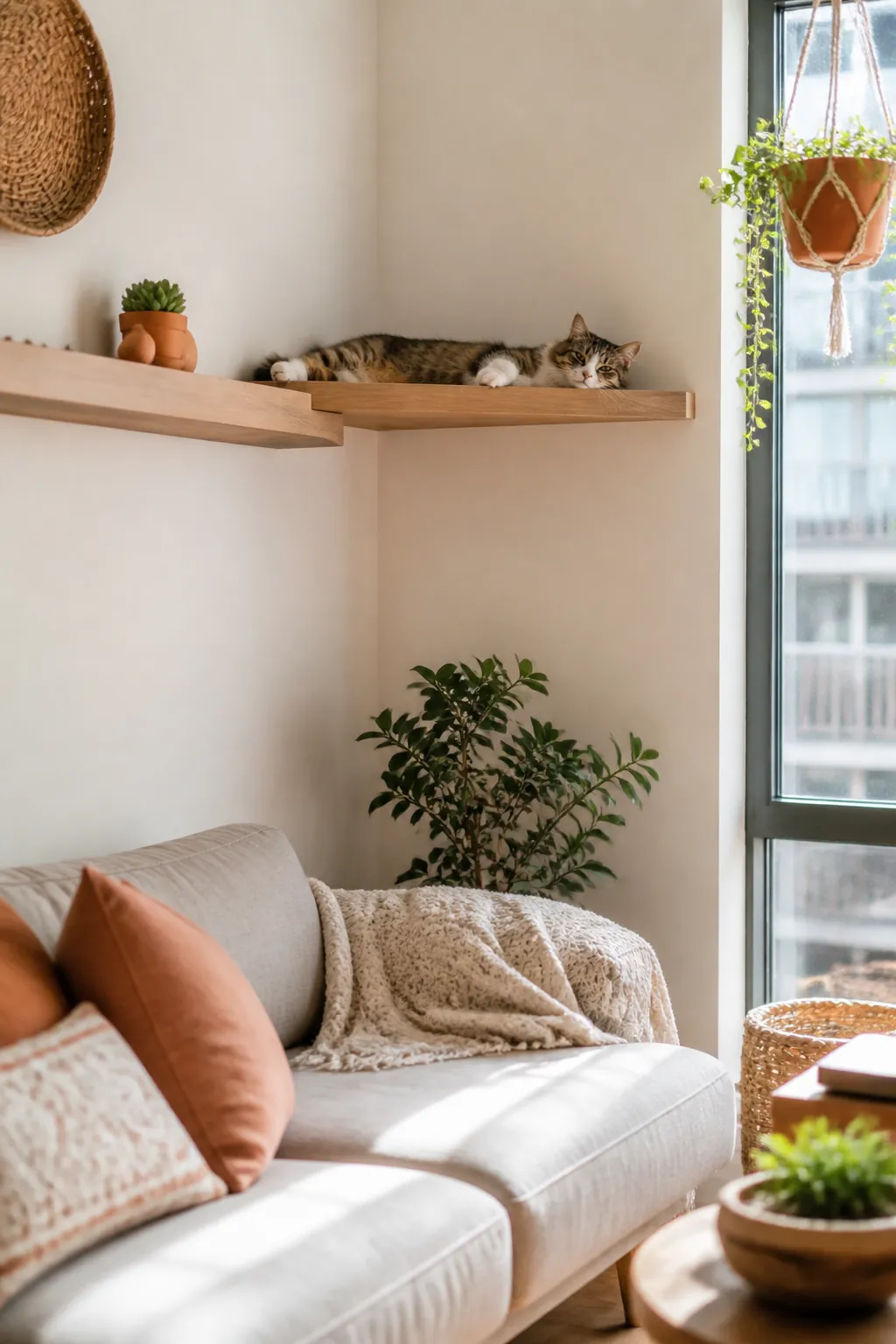 Cat lying stretched out on a deep corner shelf beside a narrower straight wall shelf leading into it.