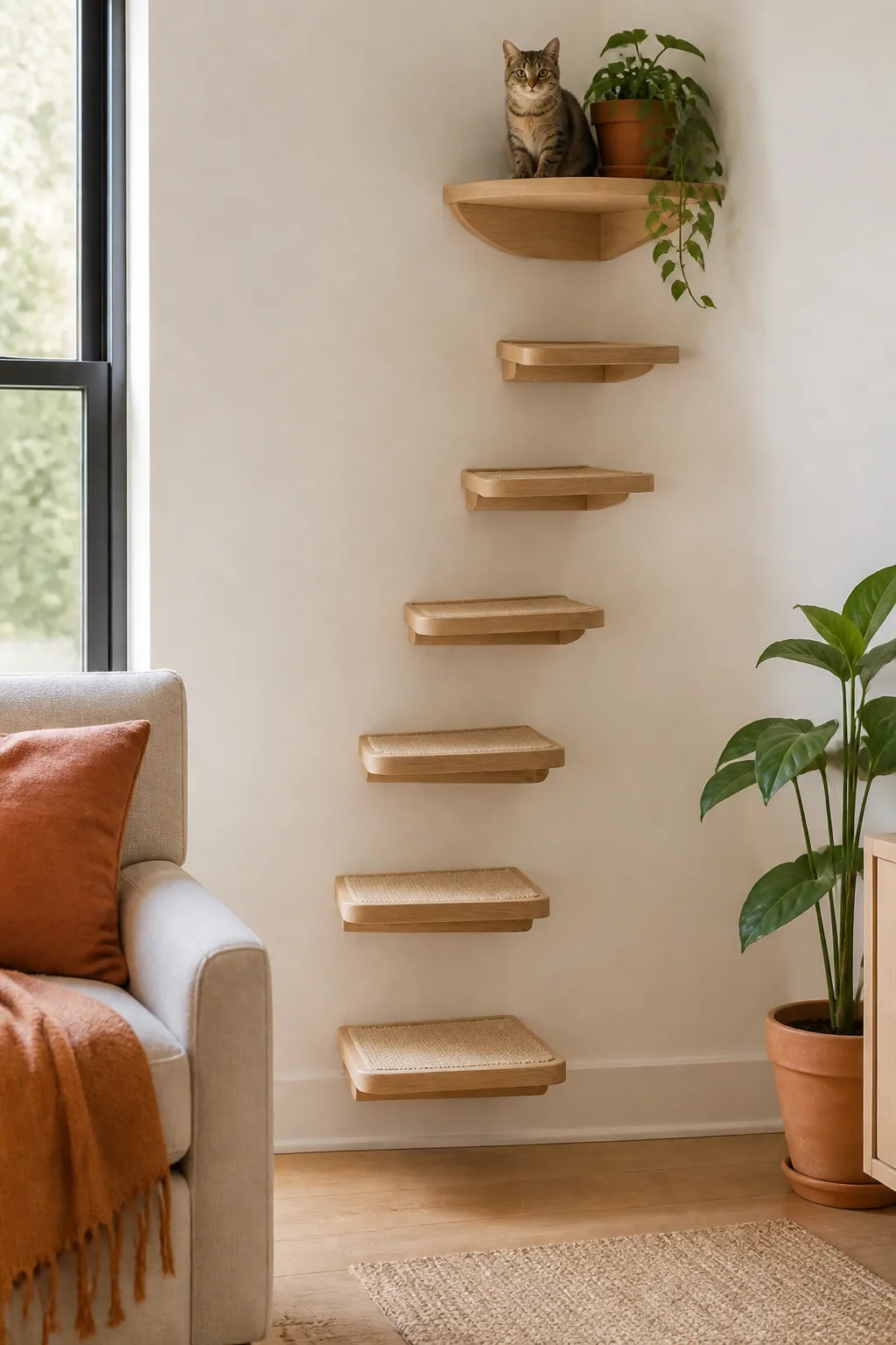 Floating cat steps mounted at an angle below a corner shelf, closing the gap down to the floor.