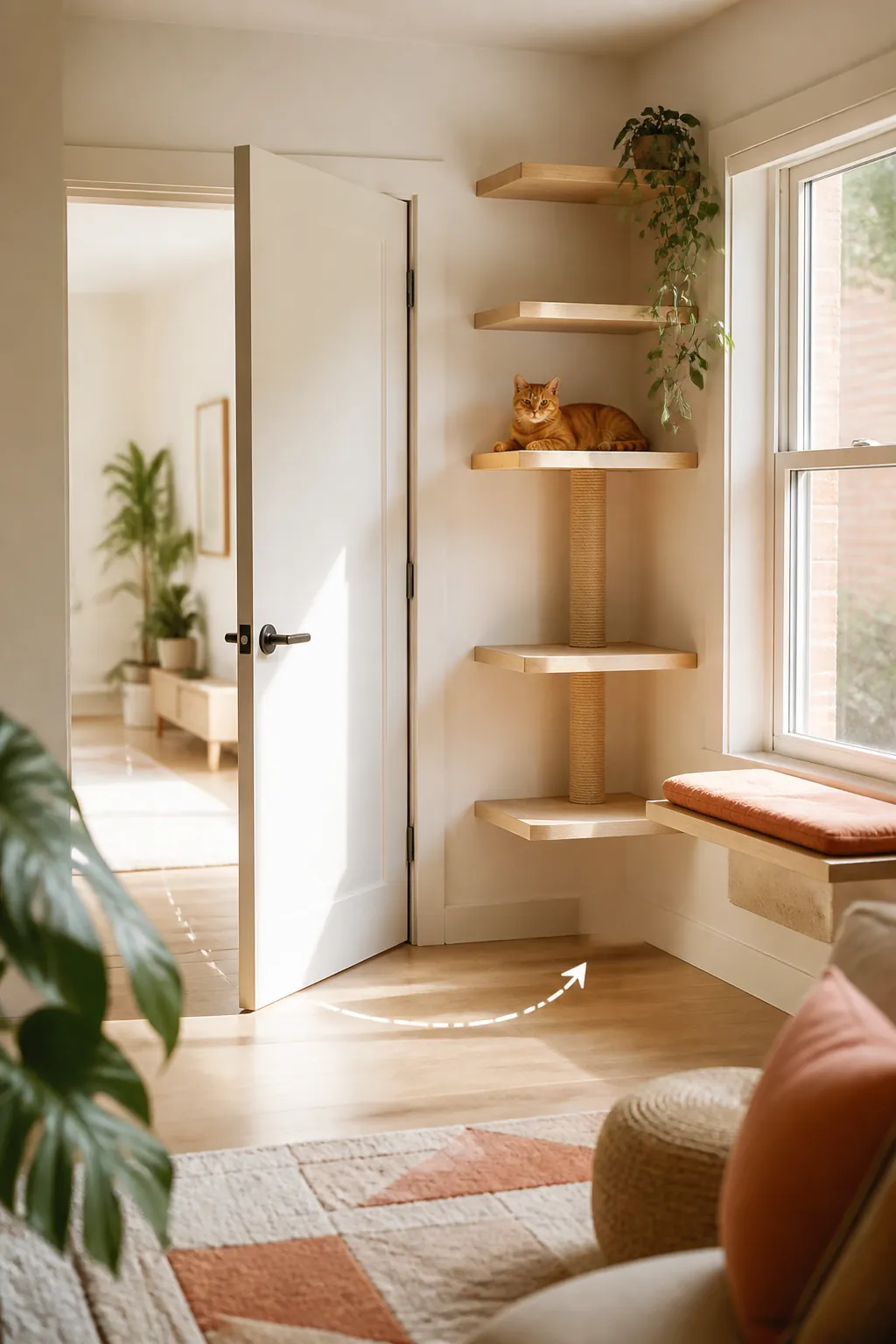 Open door swinging past a corner cat shelf with its arc marked clear of both the shelf and window.