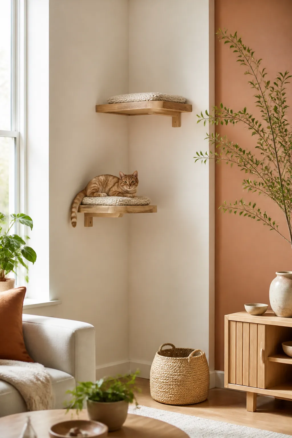 Two corner cat shelves mounted with a diagonal offset, a cat resting on the lower one with headroom above it.