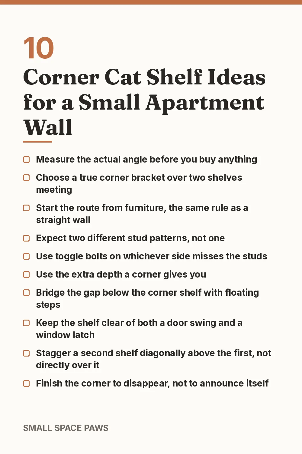 Checklist of every idea in 10 Corner Cat Shelf Ideas for a Small Apartment Wall