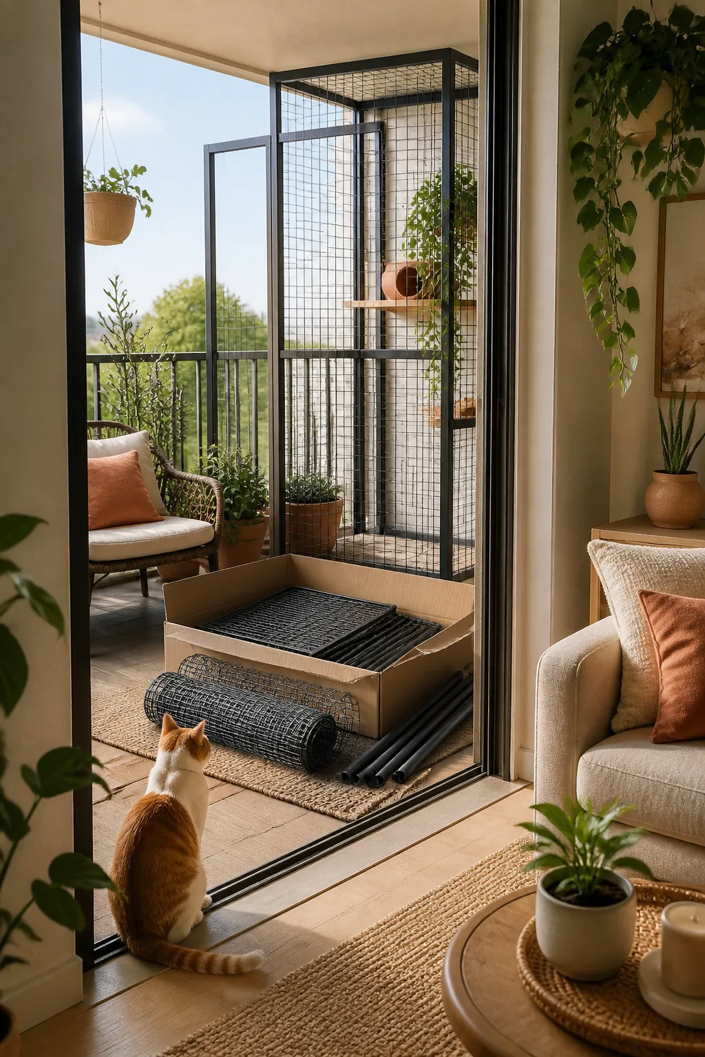 Opened catio kit box with steel panels, connector poles, and rolled mesh spread out for inspection.