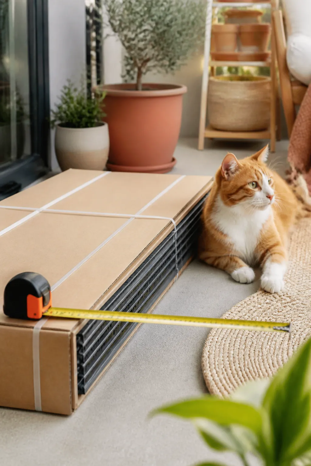 Tape measure stretched across a concrete patio beside an unopened modular catio kit box.