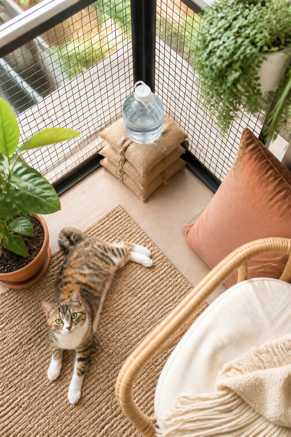 Sandbags and a filled water jug stacked against the base of a catio panel corner.