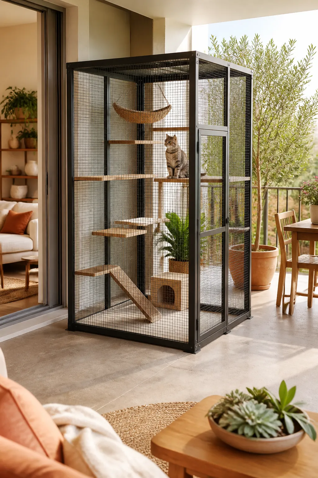 Freestanding mesh catio enclosure standing fully assembled on a patio, clear of any wall.