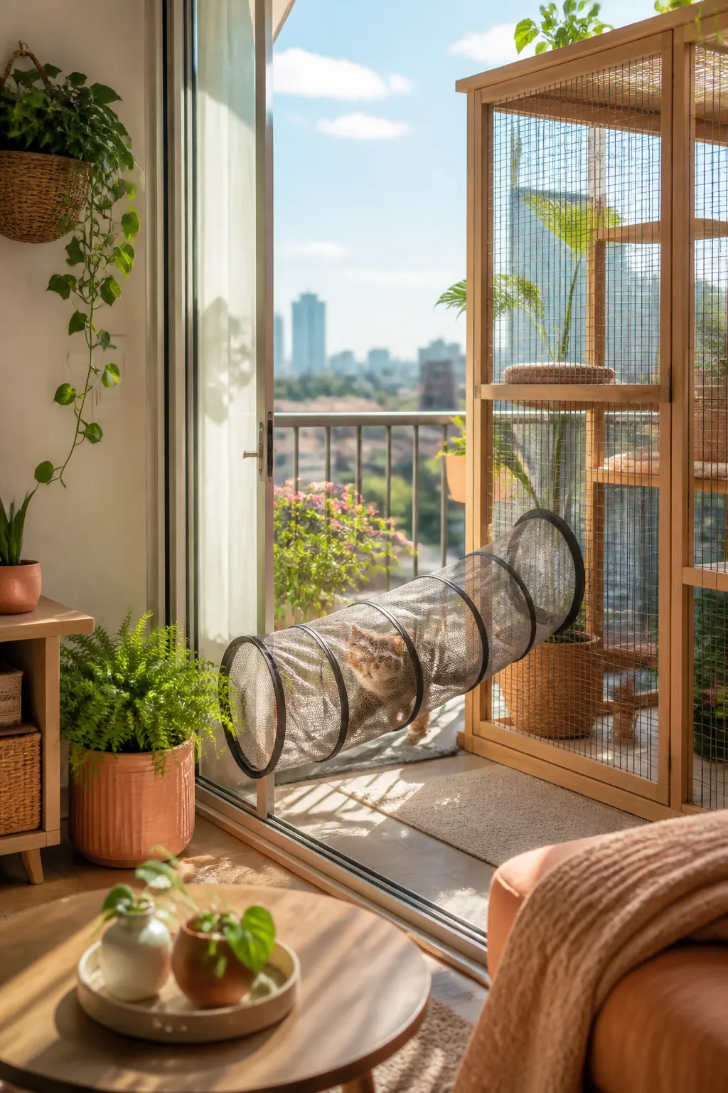 Mesh cat tunnel stretched between a sliding door opening and the entrance of a patio enclosure.