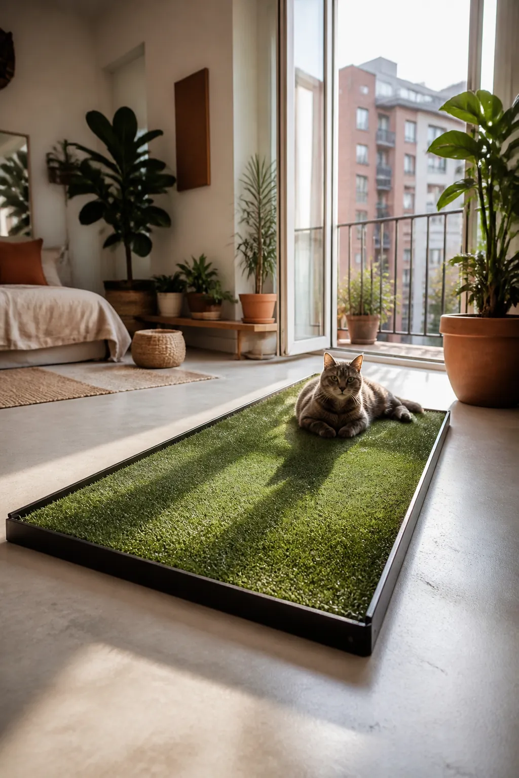 Artificial turf tray laid flat across bare concrete patio before catio panels are set up.