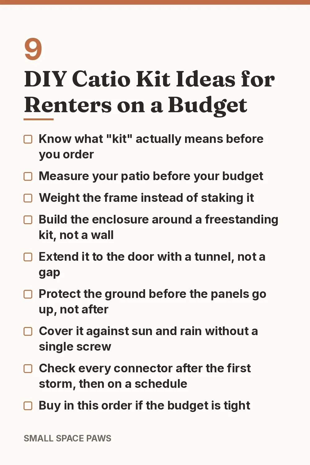 Checklist of every idea in 9 DIY Catio Kit Ideas for Renters on a Budget